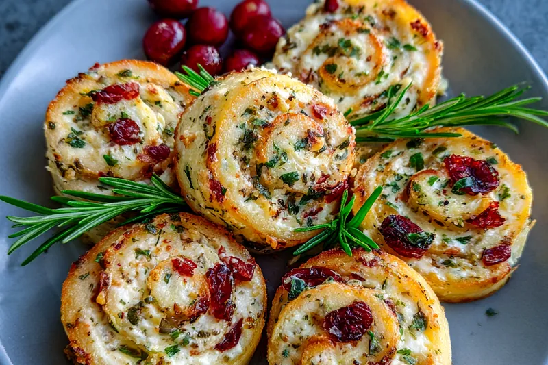 A step-by-step cooking process of preparing Savory Cranberry Cheese Pinwheels, showcasing the rolling and slicing techniques.