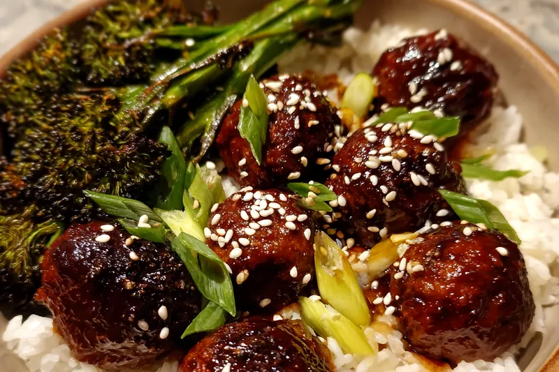 Fresh ingredients for Savory Glazed Meatballs with Rice