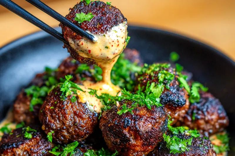 A colorful arrangement of ingredients for Savory Korean BBQ Meatballs including ground meats, spices, and sauces.