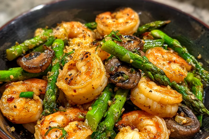 An array of fresh ingredients including shrimp, bell peppers, broccoli, and garlic for the stir-fry.