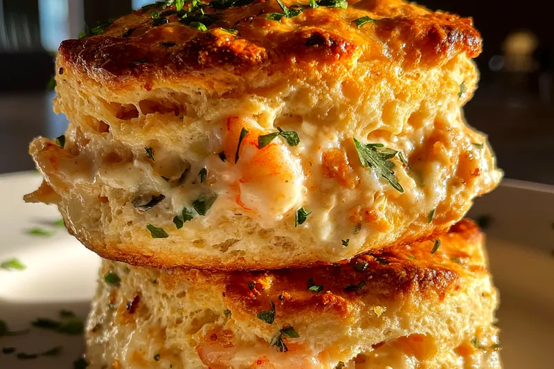 Cooking process for Shrimp and Herb Biscuit Stacks