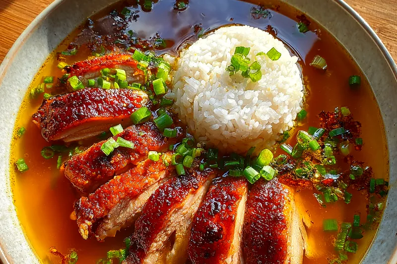 A step-by-step photo series showing the cooking process of Soy Chicken in Garlic Ginger Broth - sautéing chicken, simmering broth, and final plating.