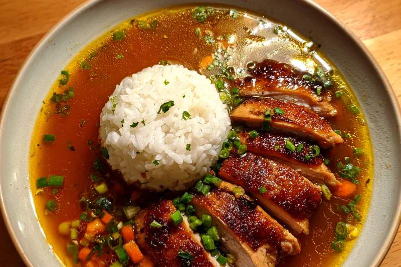 A colorful display of fresh ingredients for Soy Chicken in Garlic Ginger Broth including chicken, garlic, ginger, and green onions.