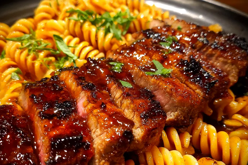 Cooking process for Sticky Glazed Steak with Rotini