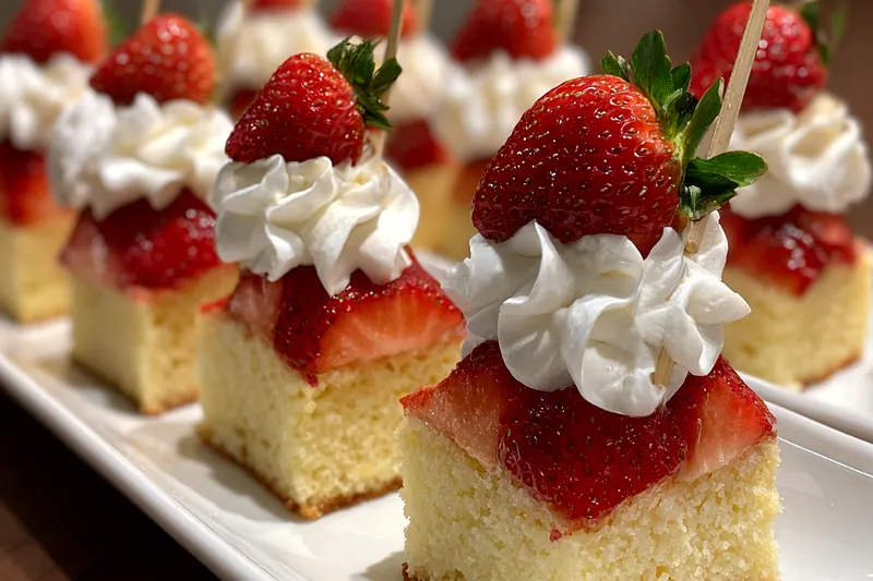 Fresh ingredients including strawberries, cream, and flour neatly arranged for Strawberry Shortcake Bites preparation.
