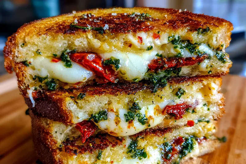 Fresh ingredients including bread, cheese, and garlic oil set up for Gourmet Grilled Cheese Delight.