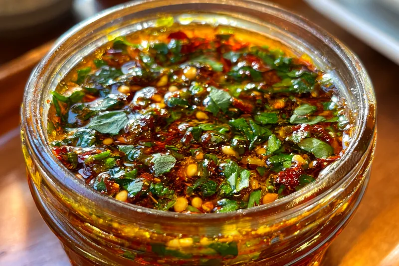 Chef mixing fresh herbs and spices to create Zesty Smoky Red Chimichurri.